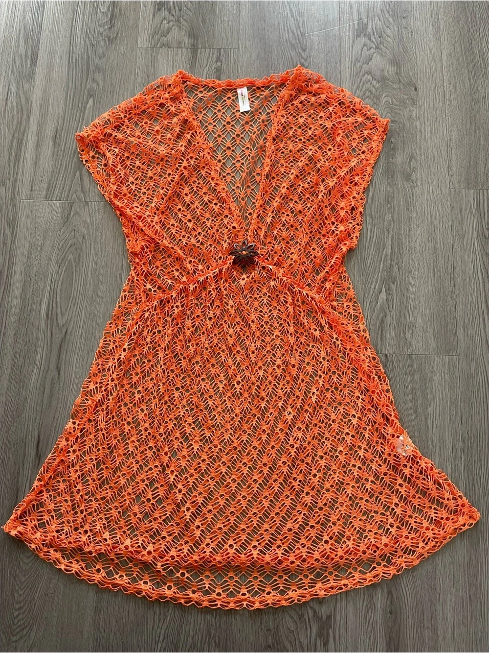 Orange mesh bathing suit cover up dress